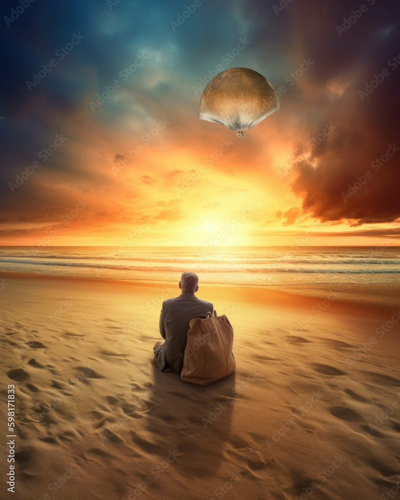 Aufkleber a sun setting over a beach with a person sitting in the sand holding a large bag of money.. ai gener
