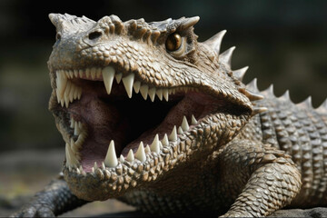 Fototapeta premium Pointed teeth sharp and curved that seem to come alive in a formidable jaw. AI generation. Generative AI
