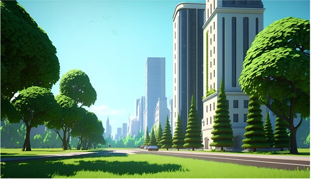 City Landscapes - buildings, Trees, Road -Abstract Background