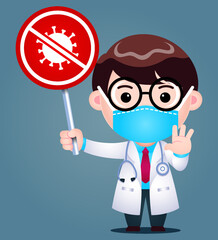 Cartoon Doctor Wear Surgical Medical Mask Holding Stop Coronavirus Sign