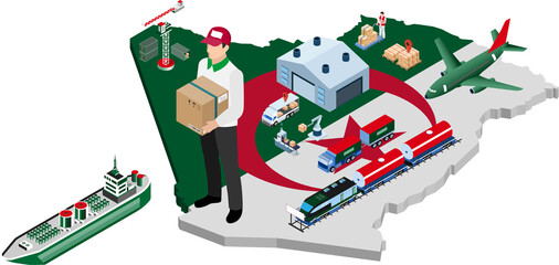 Algeria Logistics concept with Global Logistics, Warehouse Logistics, Sea Freight Logistics. Isometric style