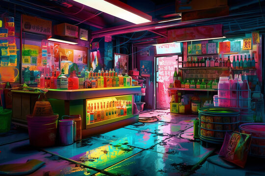 Convienence Store full of Chemicals Bodega Corner Store Cleaning Products Poison Neon Colorful Painting Interior Design Texture Generative AI