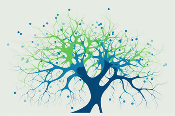 A brilliant green and blue neuron with a myriad of tiny dendrites reaching out from the nucleus symbolizing Psychology emotions concept. AI generation. Generative AI