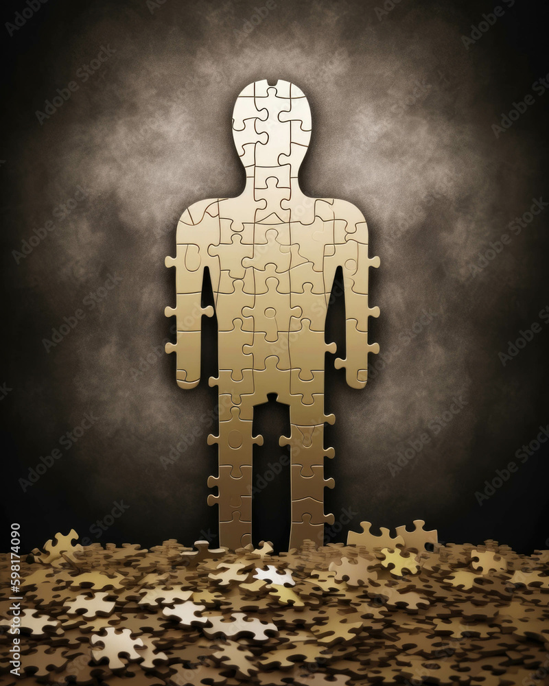 Poster an image of an puzzle pieces tered over a background with one piece standing alone in the middle rep