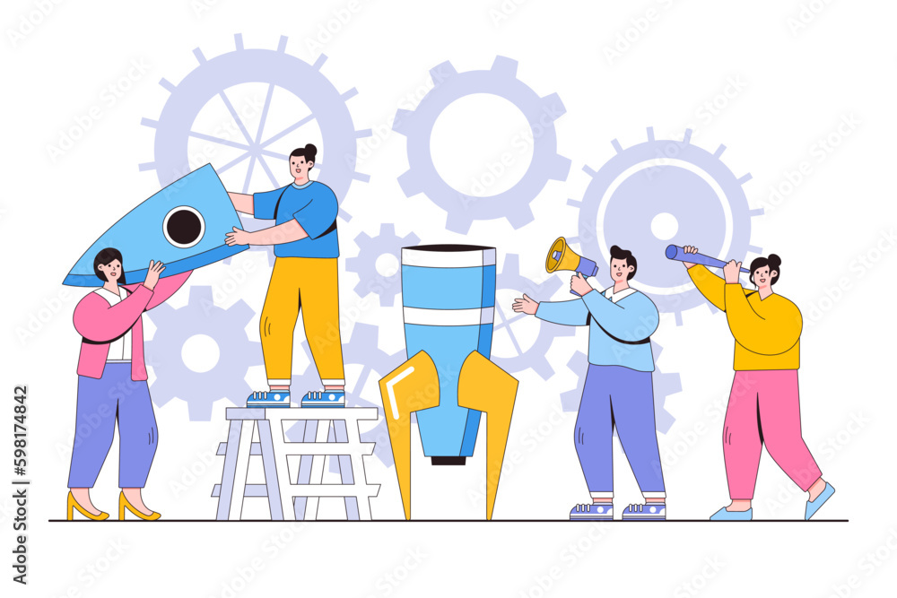 Poster cohesive teamwork in the startup concept. people building a spaceship rocket. outline design style m