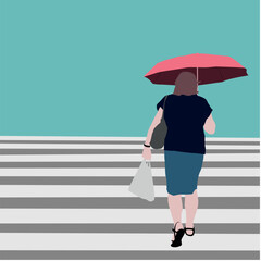 Vector mujer caminando con paraguas y bolsa de las compras
