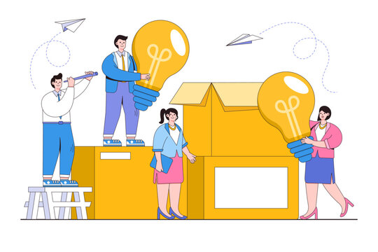 Business teamwork, finding new solutions, brainstorming concept. Packaging ideas in the form of light bulbs. Outline design minimal vector illustration for landing page, infographics, hero images