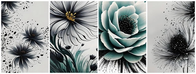 Abstract art posters with flowers and rain, drawn in a free brush technique, black ink painting with some teal and yellow colors for interior design, decor, packaging, invitation, print. Generative AI