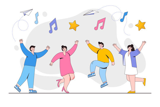 Group of young people dancing and having fun to the music. Outline design style minimal vector illustration for landing page, web banner, infographics, hero images