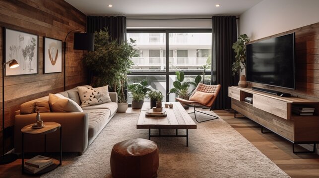 A beautiful but small modern living room, 75in flatscreen tv mounted on wall with wood slats behind tv, area rug, hardwood floors, coffee table. Created with generative technology.