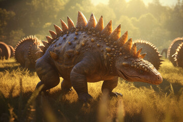 A Amargasaurus wandering a a herd of its own kind its spines ling in the sunlight.. AI generation. Generative AI