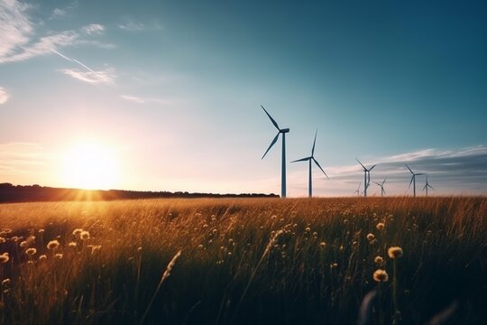landscape field technology environment turbine alternative wind electricity windmill farm. Generative AI. Generative AI