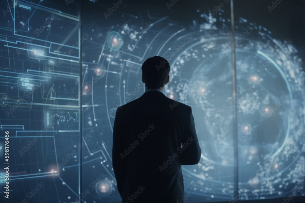 Poster big data technology and data science concept with businessman analyzing data on virtual screen