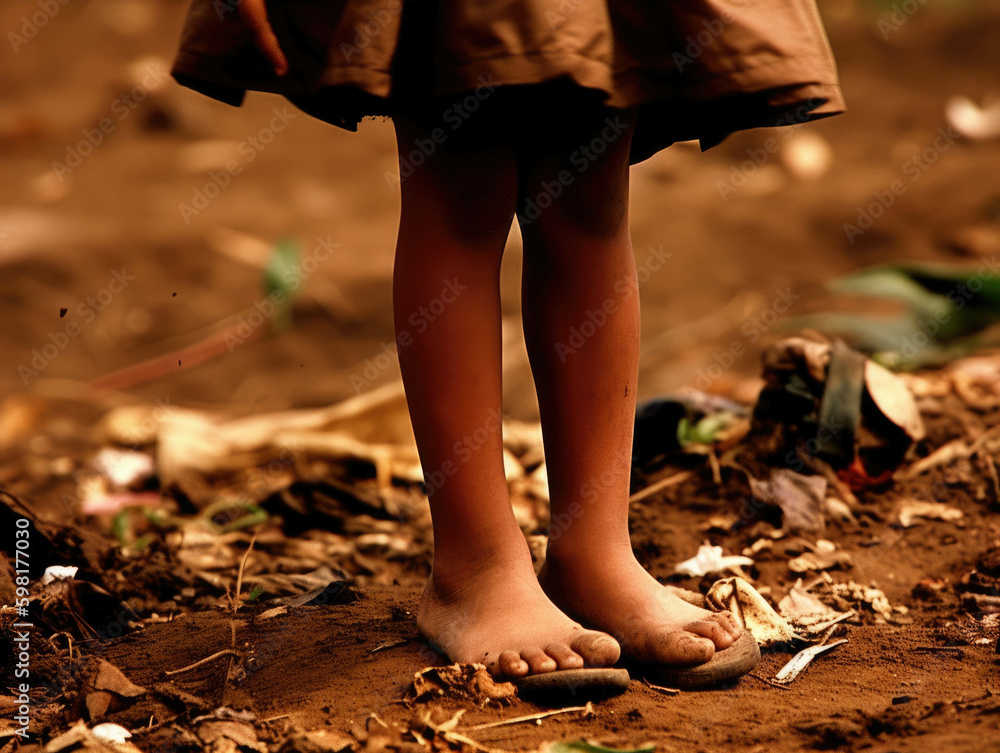 Poster piles of garbage and filth surrounding a foot child.. ai generation. generative ai