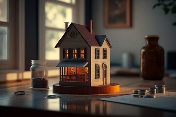 Tiny House On table, Financial Imagery, Home Loans, Credit Lending. AI Generated Art