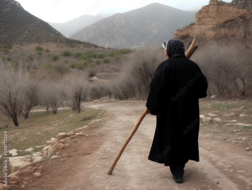 Aufkleber an aged woman using a wooden stick to traverse an unpaved road lined by barren fields.. ai generatio