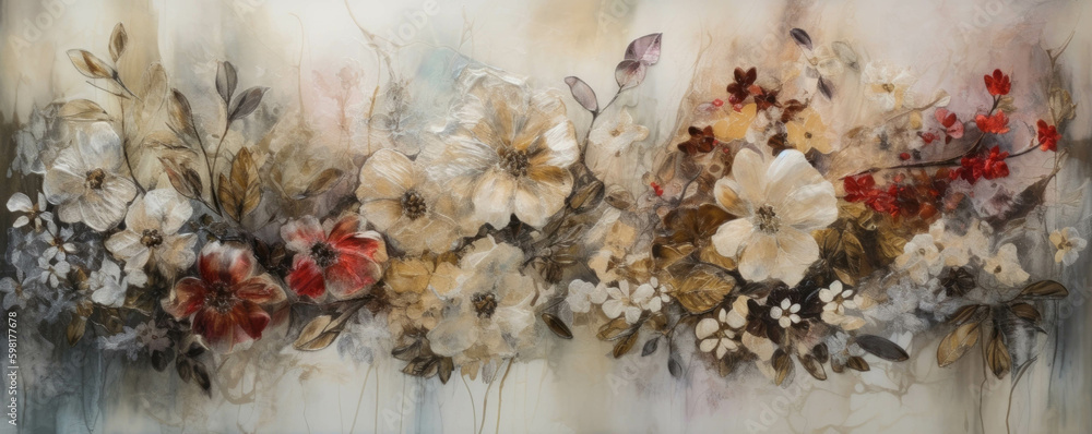 Poster a refreshing shelter of petals carefully crafted with abundant foliage and vibrant colors.. ai gener