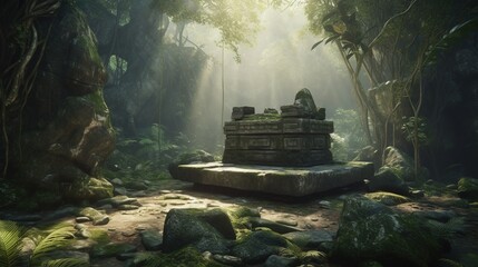 ancient stone altar in jungle, digital art illustration, Generative AI