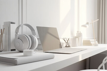 Modern minimal white working desk with computer desktop