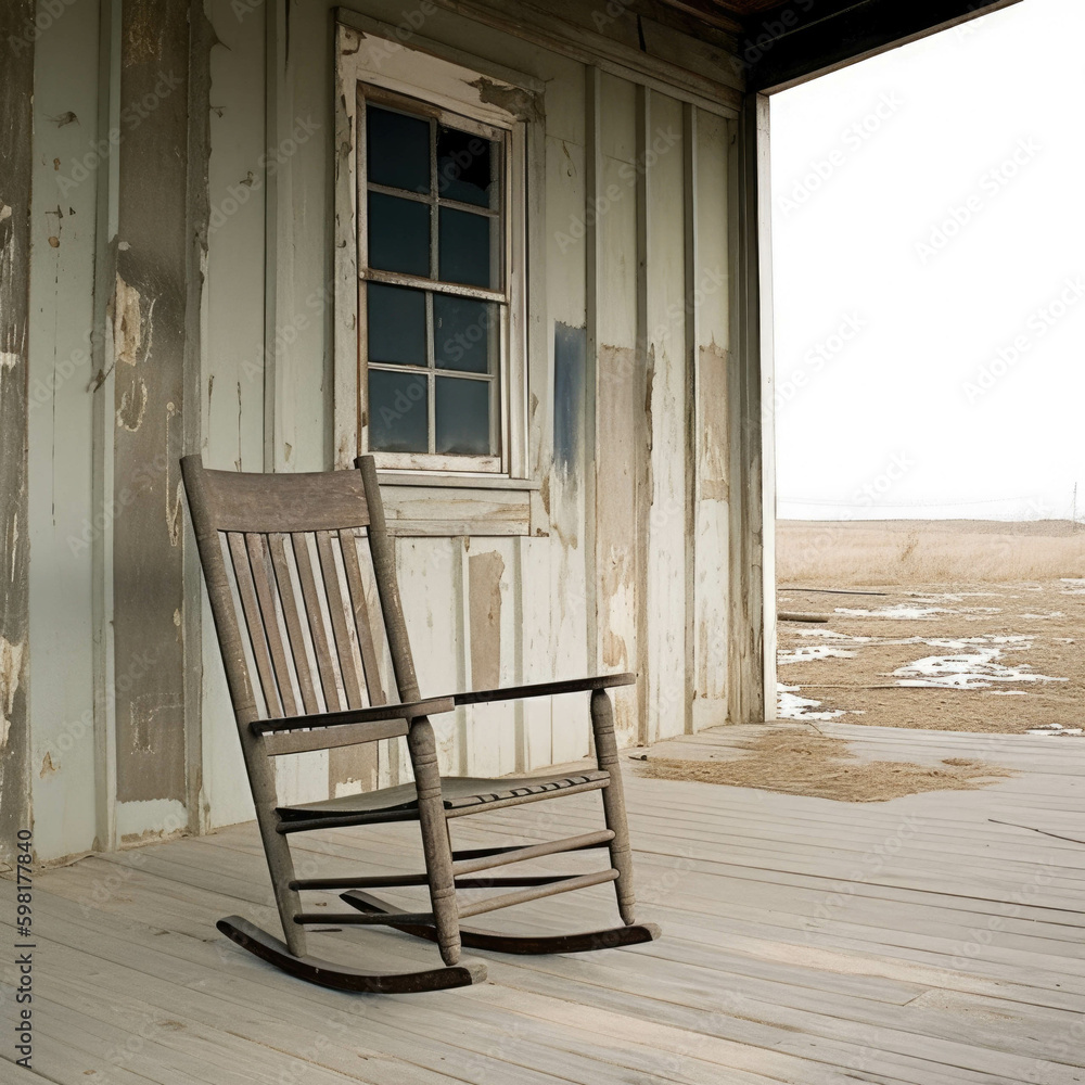 Poster an empty rocking chair on a porch overlooking a boarded up factory and a barren landscape its owner 