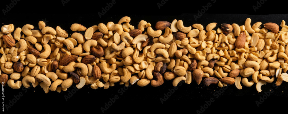 Poster chopped nuts mixed with thick peanut er form a savory snack.. ai generation. generative ai