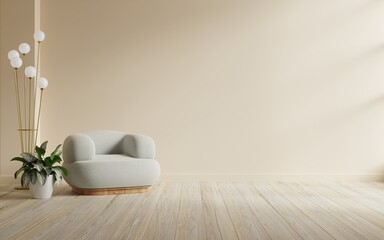 Warm interior cream wall mockup with armchair and decoration minimal.3d rendering