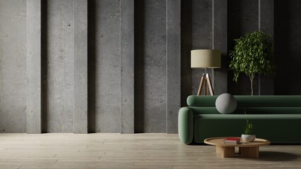 Living room with green sofa and decoration room on empty concrete wall background.