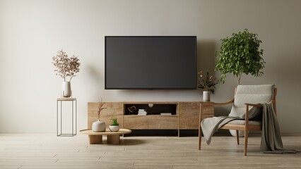 Mockup a cabinet TV wall mounted with armchair in living room with a cream color wall.3d rendering