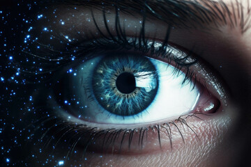Fototapeta premium A closeup image of a persons eye reflecting the starlit sky hinting at the possibility of making a connection Psychology emotions concept. AI generation. Generative AI