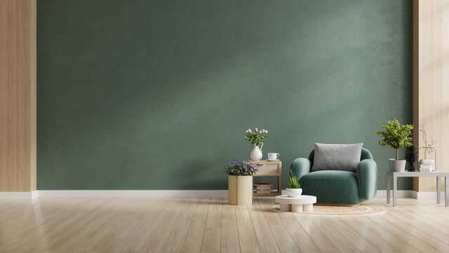 Green living room wall background with dark green armchair and decoration minimal.3d rendering