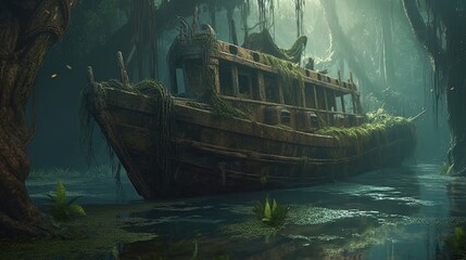 ancient sunken ship in tropical swamp, digital art illustration, Generative AI
