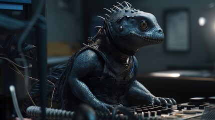 black scaled lizard computer technician, digital art illustration, Generative AI