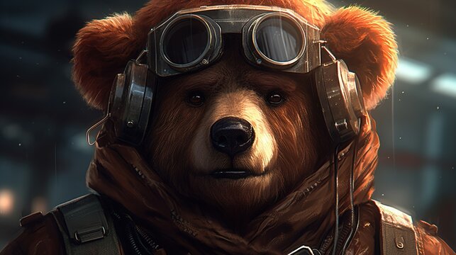 brown furred bear mercenary, digital art illustration, Generative AI
