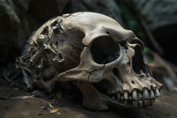 Fototapeta premium Weathered skull of a longgone beast embedded in the craggy cliffside for ages.. AI generation. Generative AI