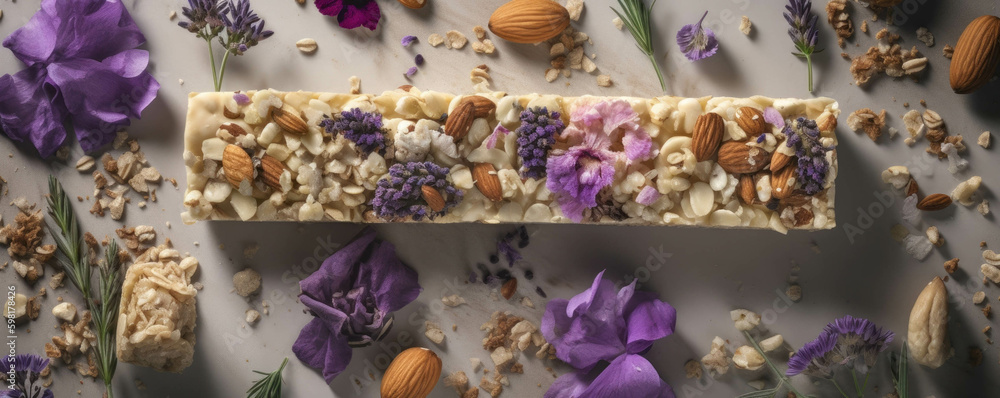 Poster crisp vegan bars layered with almond er and crunchy nuts.. ai generation. generative ai