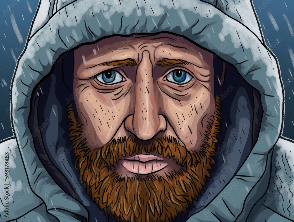 Poster a closeup of a mans face in a shelter his eyes redrimmed and clouded with worry.. ai generation. gen
