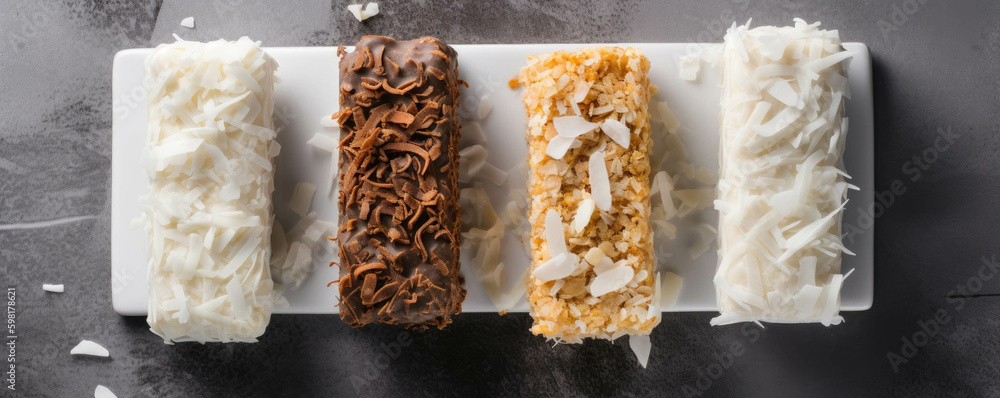 Poster homemade bars each with a unique blend of ingredients topped with shredded coconut.. ai generation. 