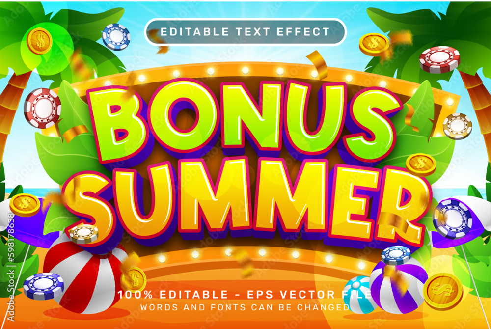 Poster bonus summer 3d text effect and editable text effect with illustration of summer on the beach