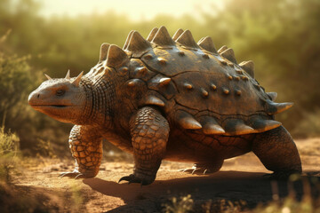Fototapeta premium An immense ankylosaurus its armorplated body shining beneath the scorching sun lumbering across a barren savanna.. AI generation. Generative AI