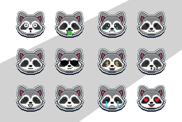 pixel art raccoon face emoji sticker. pixel sticker design