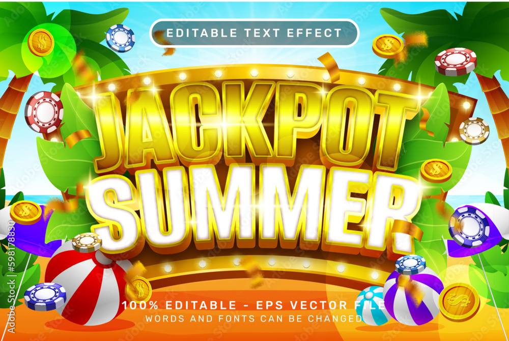 Poster jackpot summer 3d text effect and editable text effect with illustration of summer on the beach