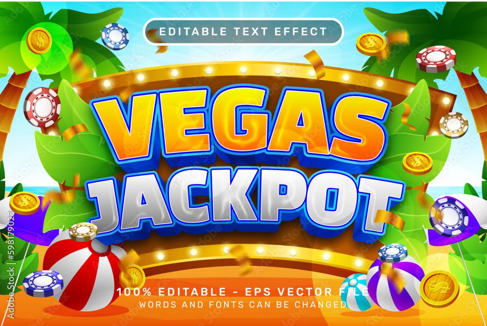 Poster vegas jackpot 3d text effect and editable text effect with illustration of summer on the beach