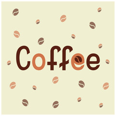 Coffee lettering sign in dark brown, beige and toffee colors on light ivory background with assorted coffee beans