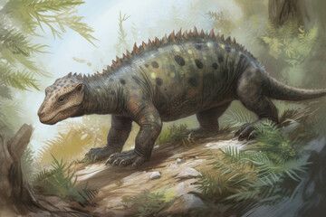 An Iguanodon with its long thumb spike for uprooting vegetation.. AI generation. Generative AI