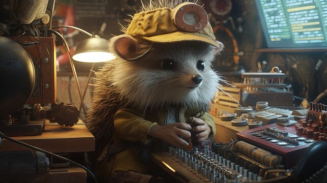 hedgehog chief engineer, digital art illustration, Generative AI