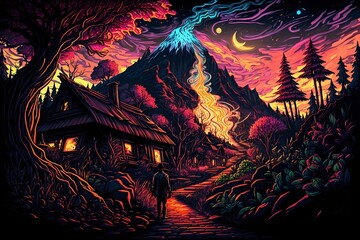 Mystic Mountain Portal, colorful pastel art cabin in the woods. AI Generated Art