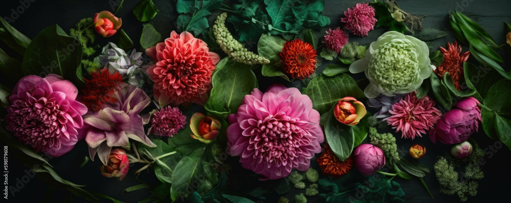 Poster a picture of perfection adorned with lush greenery and vibrant blooms.. ai generation. generative ai