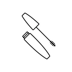 Open tube of mascara icon. Linear logo of makeup. Vector illustration of eyelash brush and container. 