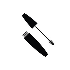 Open tube of mascara icon. Black simple illustration of eyelash brush and container. 
