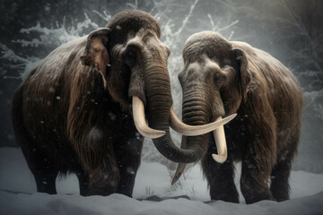 Two Mammoths locked in a deadly battle as a voluminous snowstorm builds around them.. AI generation. Generative AI
